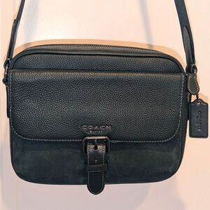 Leather Coach Crossbody Purse - Green leather & suede